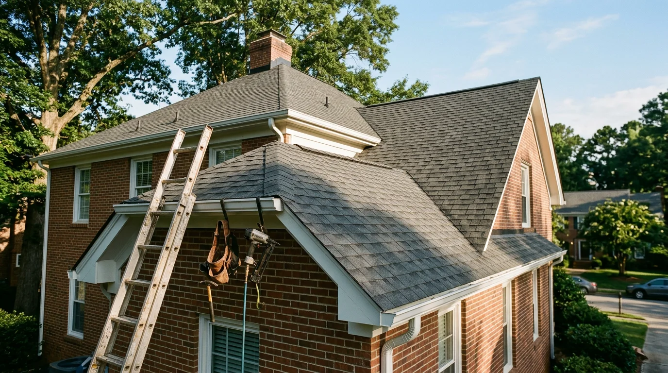 Roofing contractor installing shingles on a residential home in Raleigh