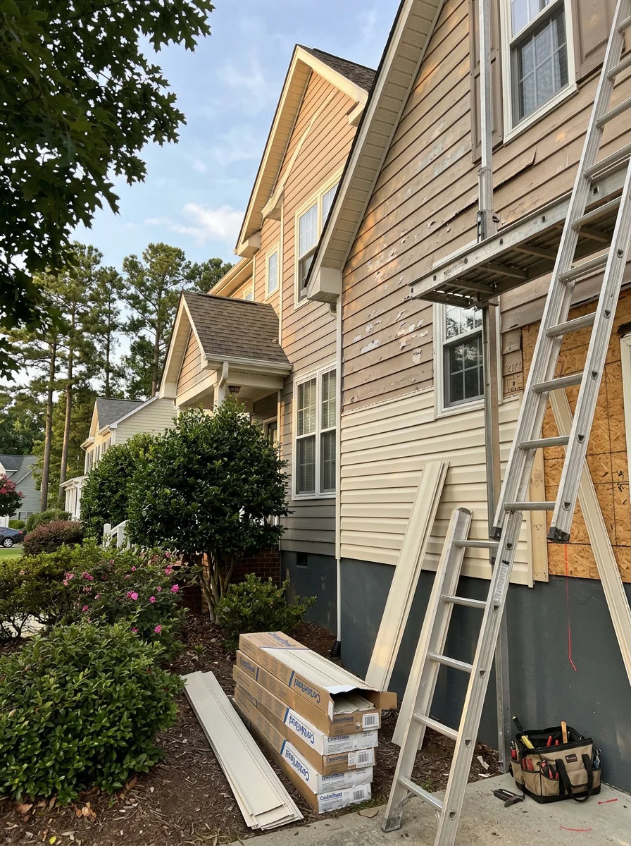 New vinyl siding panels being installed on the front elevation of a 2000s Apex NC home, replacing hail-cracked original panels along the NC-55 corridor with a matching color profile.