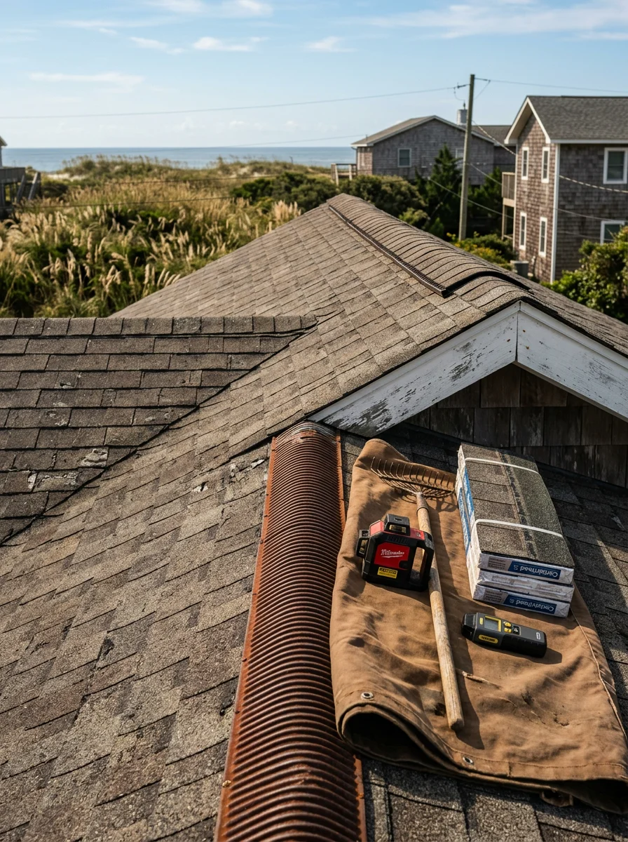Roof inspection on a residential property on Bogue Banks, Atlantic Beach, NC