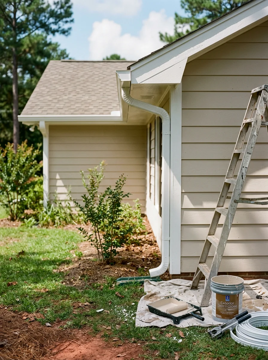 Gutter and exterior painting work on a Benson, NC house