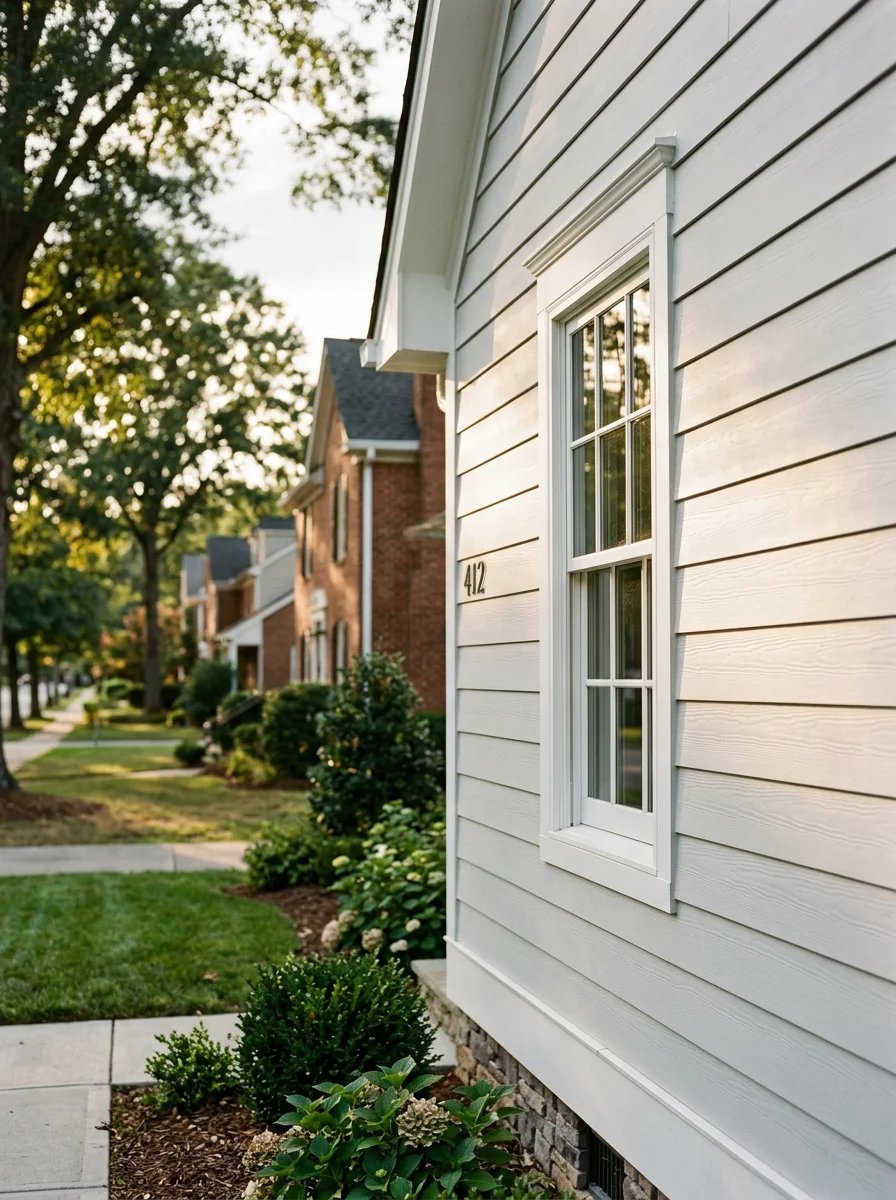 New fiber cement siding installation on a 1990s Cary home, showing clean horizontal lap boards and freshly painted trim around a double-hung window.