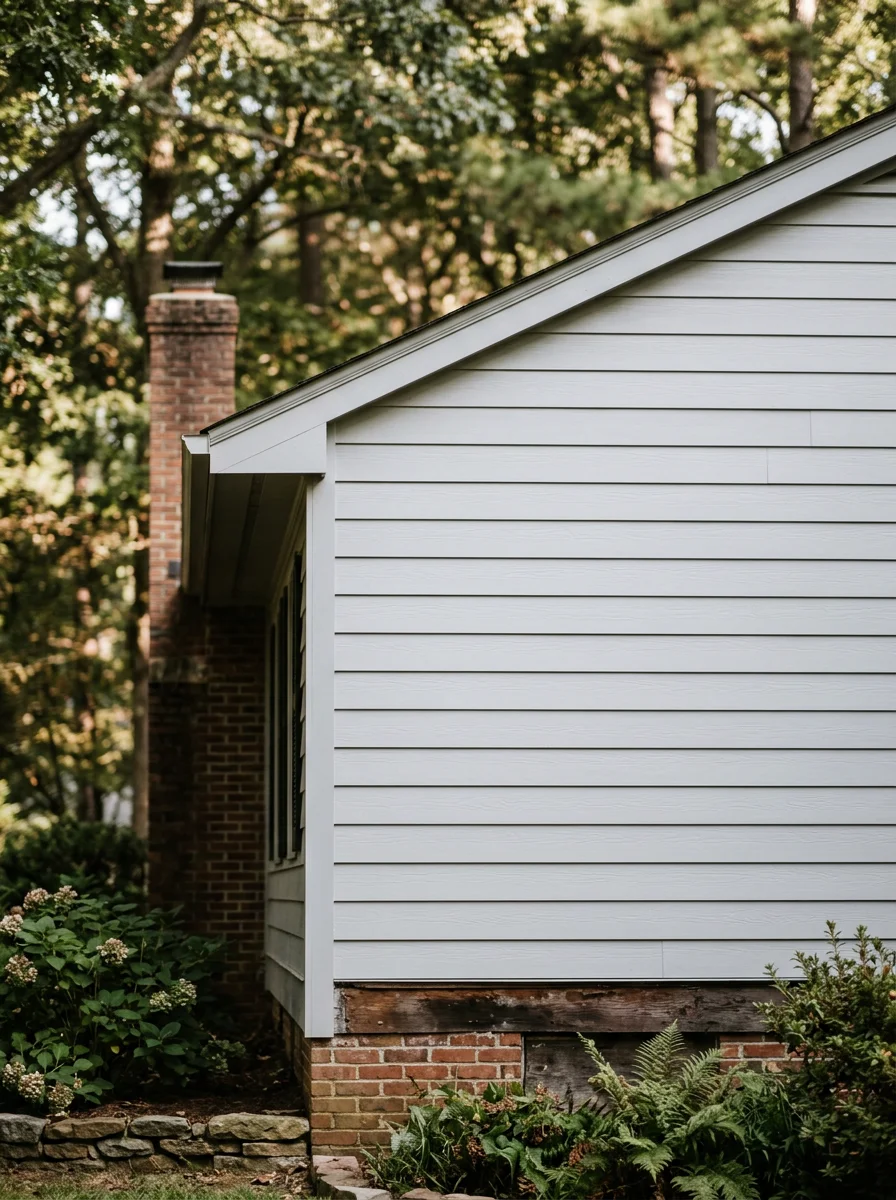 New fiber cement siding on the north-facing elevation of an older Chapel Hill home, showing clean horizontal lap boards replacing deteriorated wood cladding beneath a dense tree canopy.