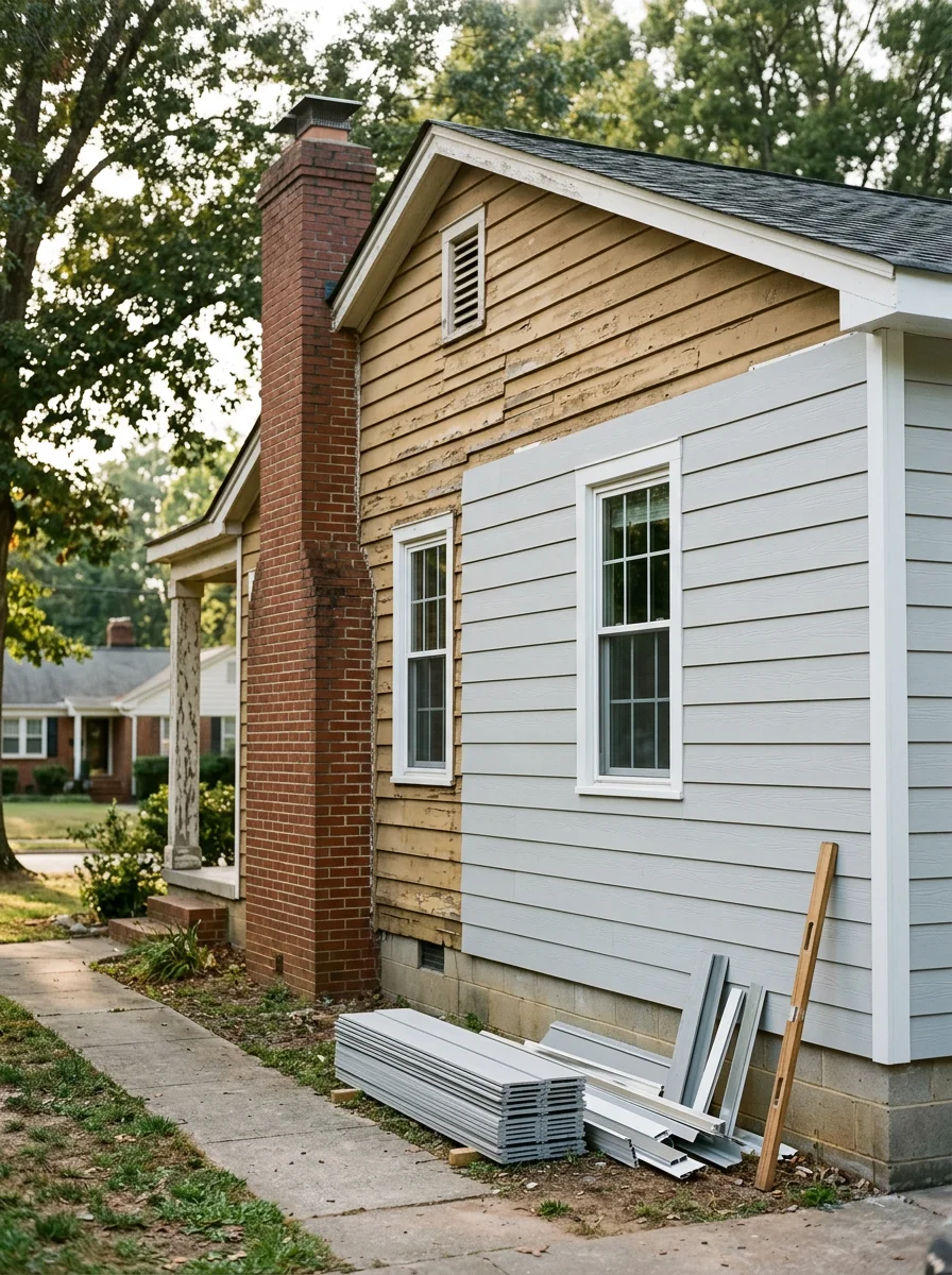 New fiber cement siding installation on a post-war Durham ranch home, showing horizontal lap boards replacing deteriorated original wood cladding along the front elevation.