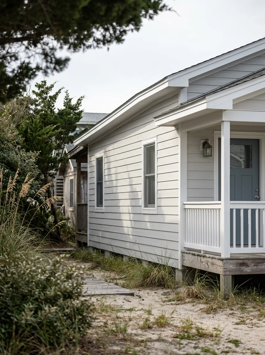 New fiber cement siding on the ocean-facing elevation of a Crystal Coast vacation home in Atlantic Beach, NC, showing horizontal lap boards with sealed joints and freshly painted trim.