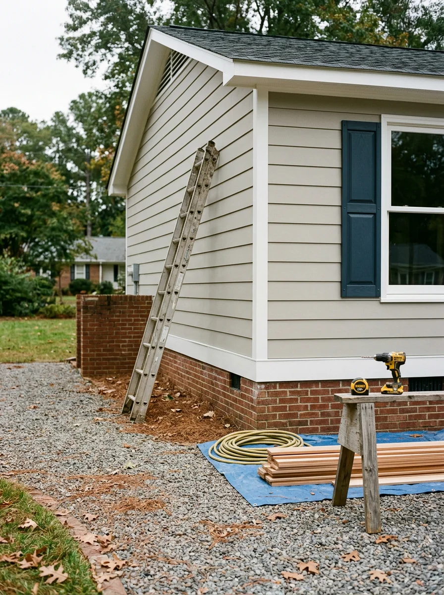 Technician repairing siding and trim on a house in Garner, North Carolina