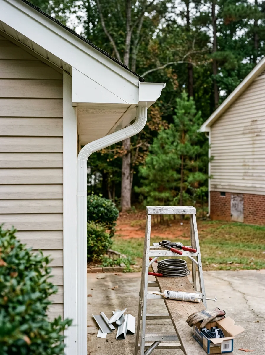 Gutter and fascia detail on a home in Knightdale, NC during an exterior repair