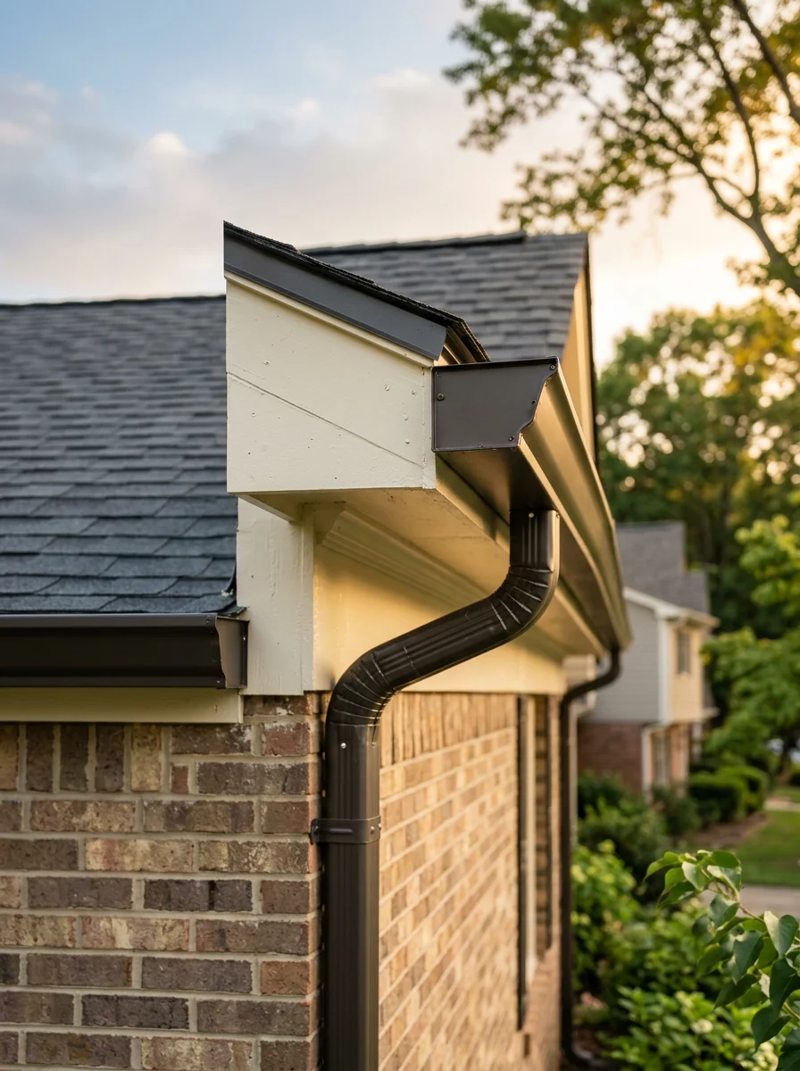 Close-up of a completed gutter installation on a Raleigh home, showing a K-style aluminum gutter with downspout secured to painted fascia board beneath a new shingle roofline.