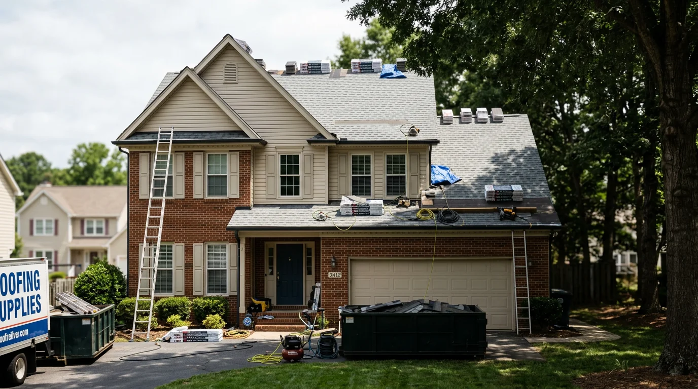 A roofing crew replacing an asphalt shingle roof on a two-story 1990s brick-and-vinyl home in a North Raleigh subdivision, with new architectural shingles staged on the roof deck.