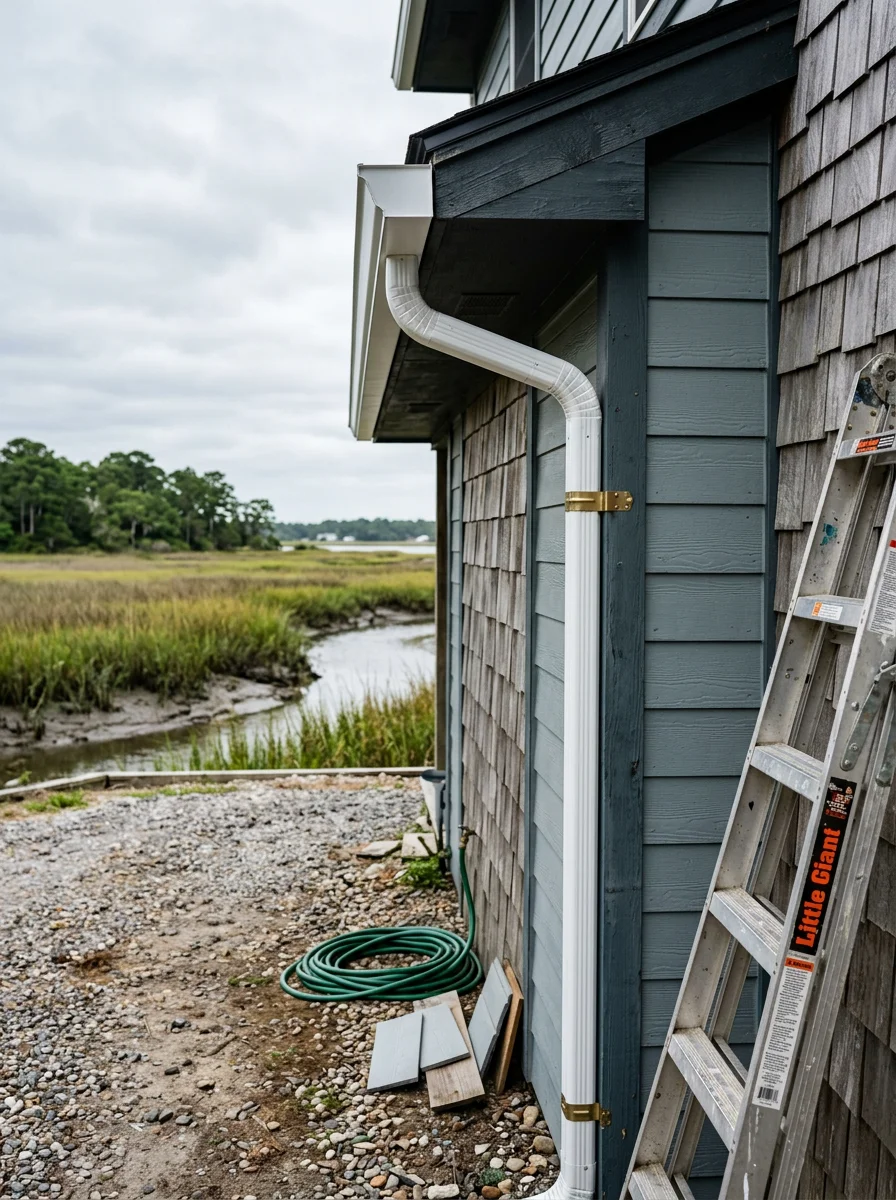 Gutter and siding detail on a waterfront home in Swansboro, NC