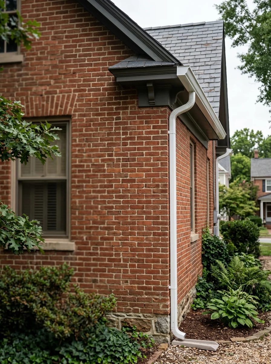 New K-style aluminum gutters installed on a historic downtown Wake Forest home, showing clean fascia attachment and a downspout directed away from the brick foundation.