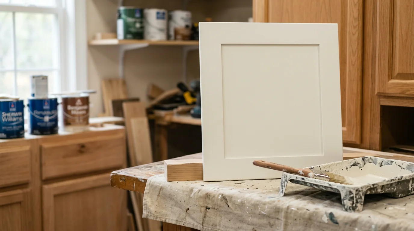 Freshly painted white kitchen cabinets with clean satin finish in a Raleigh-area home, showing smooth door fronts and updated hardware after professional cabinet painting service by JTC Homes Inc.