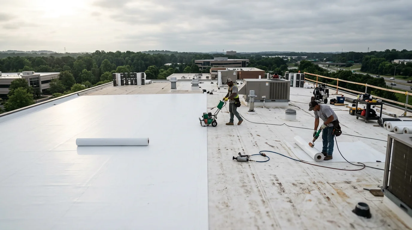A commercial flat roof with a white TPO membrane system installed on an office building in Raleigh, North Carolina. The rooftop shows clean seam lines and rooftop mechanical units against a clear sky.