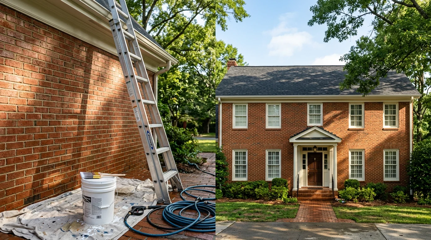 A freshly painted two-story home exterior in the Raleigh, NC area showing clean siding, crisp trim lines, and a smooth finish coat applied over pressure-washed and primed surfaces. The completed exterior painting project reflects work done by JTC Homes Inc serving the Triangle region.