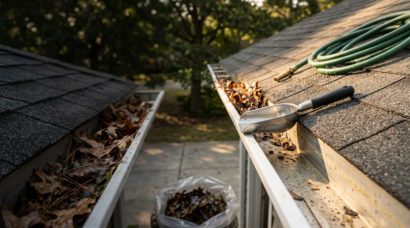 A gutter technician removing packed leaves and pine needles from a residential gutter trough on a single-story home in Raleigh, NC. The downspout and cleaned channel are visible against a backdrop of mature oak trees.