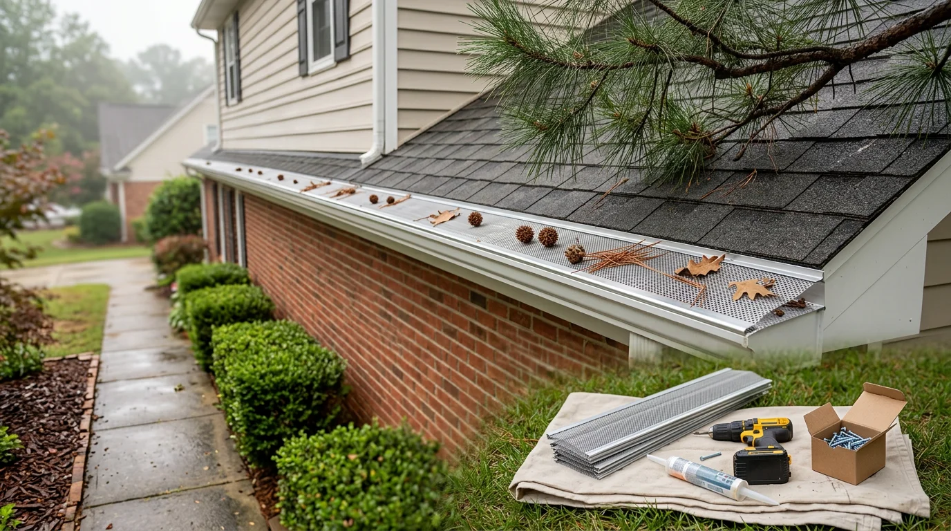 Gutter cover installed along the roofline of a two-story home in Raleigh, NC, with oak trees visible in the background. Close-up view shows debris sitting on top of the cover while the gutter channel beneath remains clear.