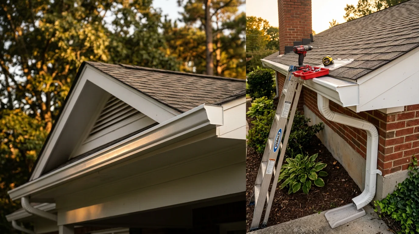 Newly installed seamless aluminum gutters and downspouts on a residential home in Raleigh, NC, with clean fascia and a properly pitched run directing water away from the foundation.