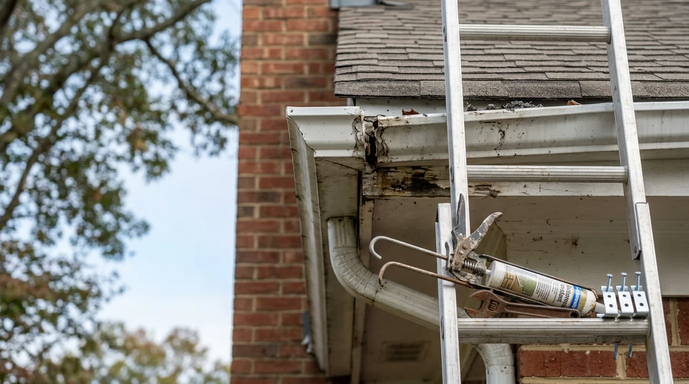 A gutter technician resealing a leaking seam on an aluminum gutter run on a residential home in Raleigh, NC. The repaired section shows clean sealant applied at the joint with a downspout visible below directing water away from the foundation.