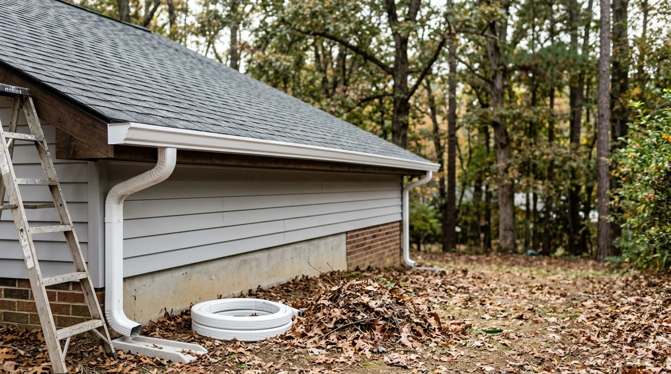 New seamless gutters installed along the roofline of a two-story residential home in Raleigh, NC, with downspouts directing water away from the foundation. Close-up view shows clean aluminum gutters fitted flush against the fascia board with no visible gaps or seam joints.