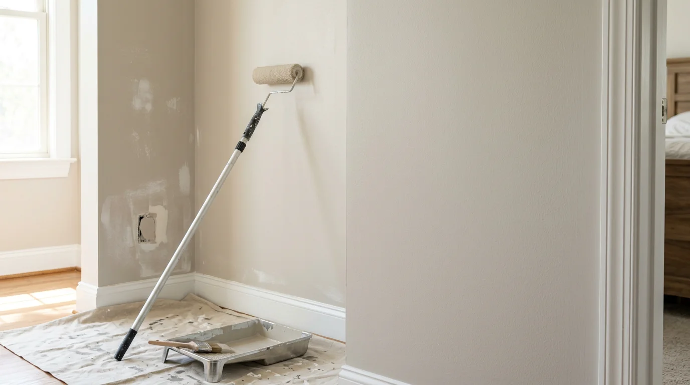 Freshly painted interior living room walls in a Raleigh, NC home showing smooth, even coverage in a neutral tone. A painter uses a brush to cut in along the ceiling line while a roller tray and drop cloth protect the hardwood floor below.