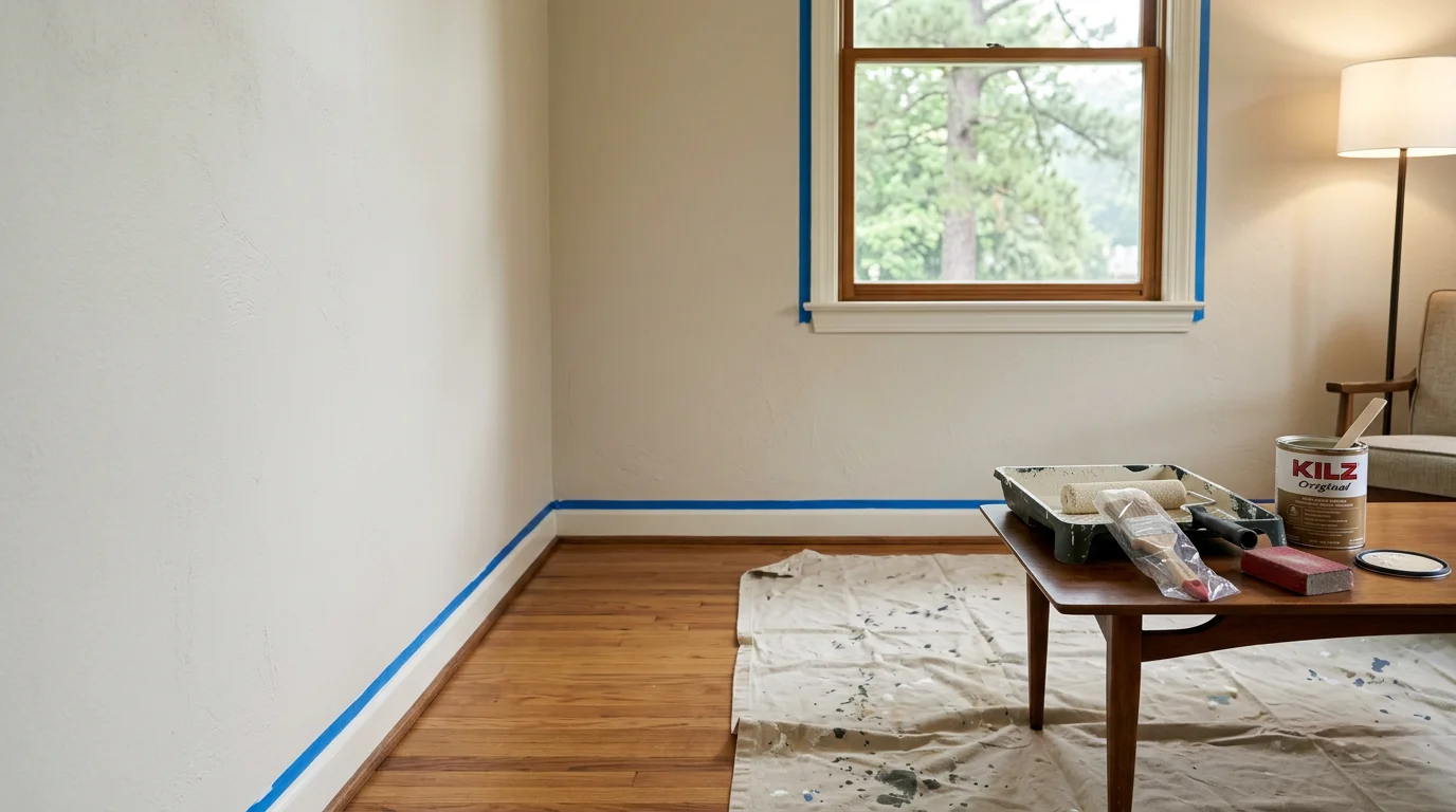 A freshly painted interior living room in a Raleigh, NC home, showing smooth, even walls with clean trim lines and protected hardwood floors. The room reflects a completed professional interior paint job by JTC Homes Inc.