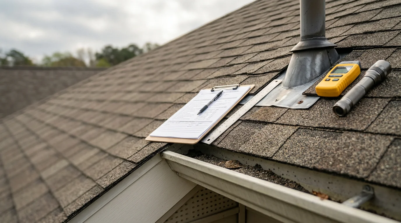 A roofing contractor from JTC Homes Inc inspecting shingles and flashing on a residential roof in Raleigh, NC. Close-up view of the roof surface showing granule condition and flashing details around a roof penetration.