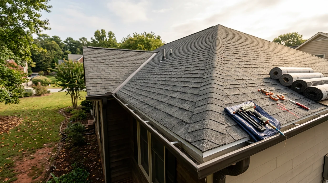 A completed residential roof installation on a single-family home in Raleigh, North Carolina, showing a full new roofing system with clean ridge lines and finished flashing. The surrounding neighborhood reflects the suburban building style common across the Triangle area.