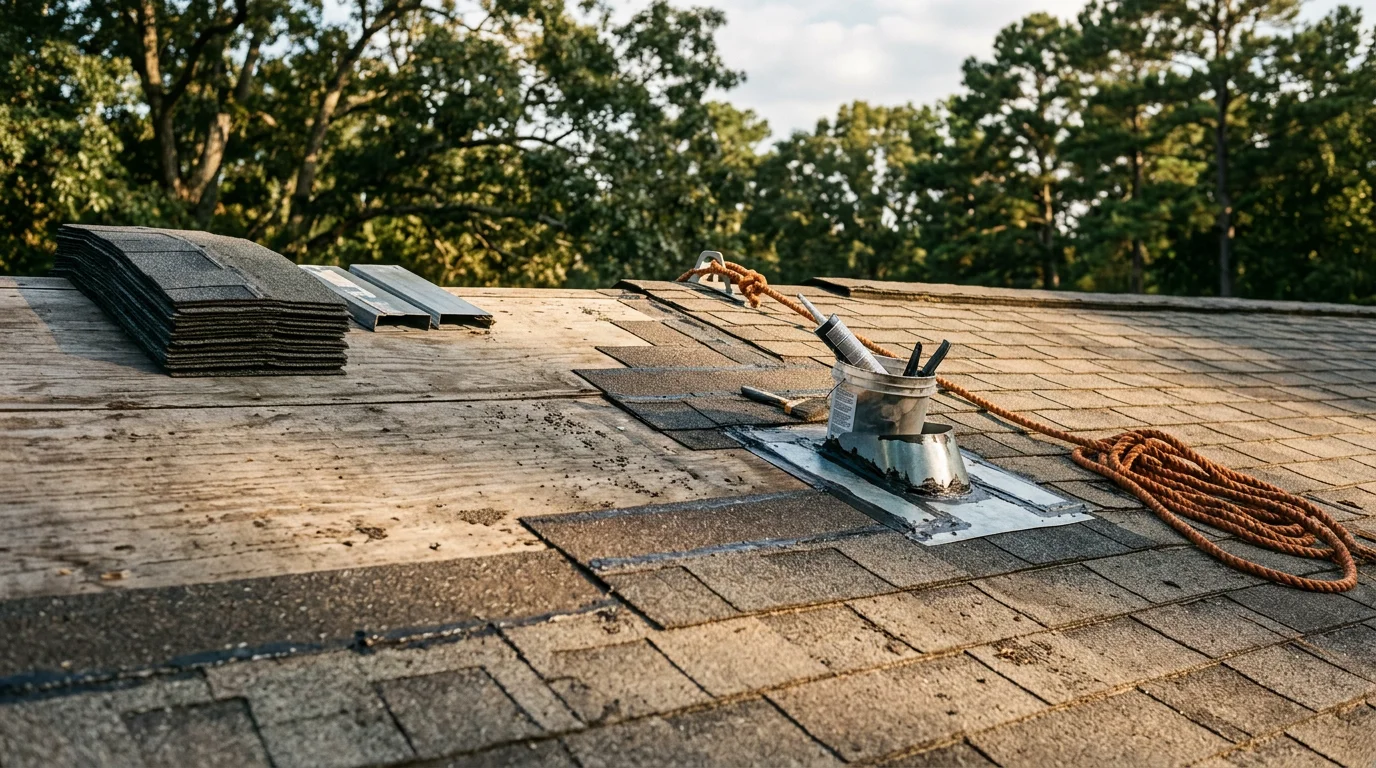 A roofing contractor repairing lifted and damaged asphalt shingles on a residential home in Raleigh, North Carolina, with repaired flashing visible along the roof valley.