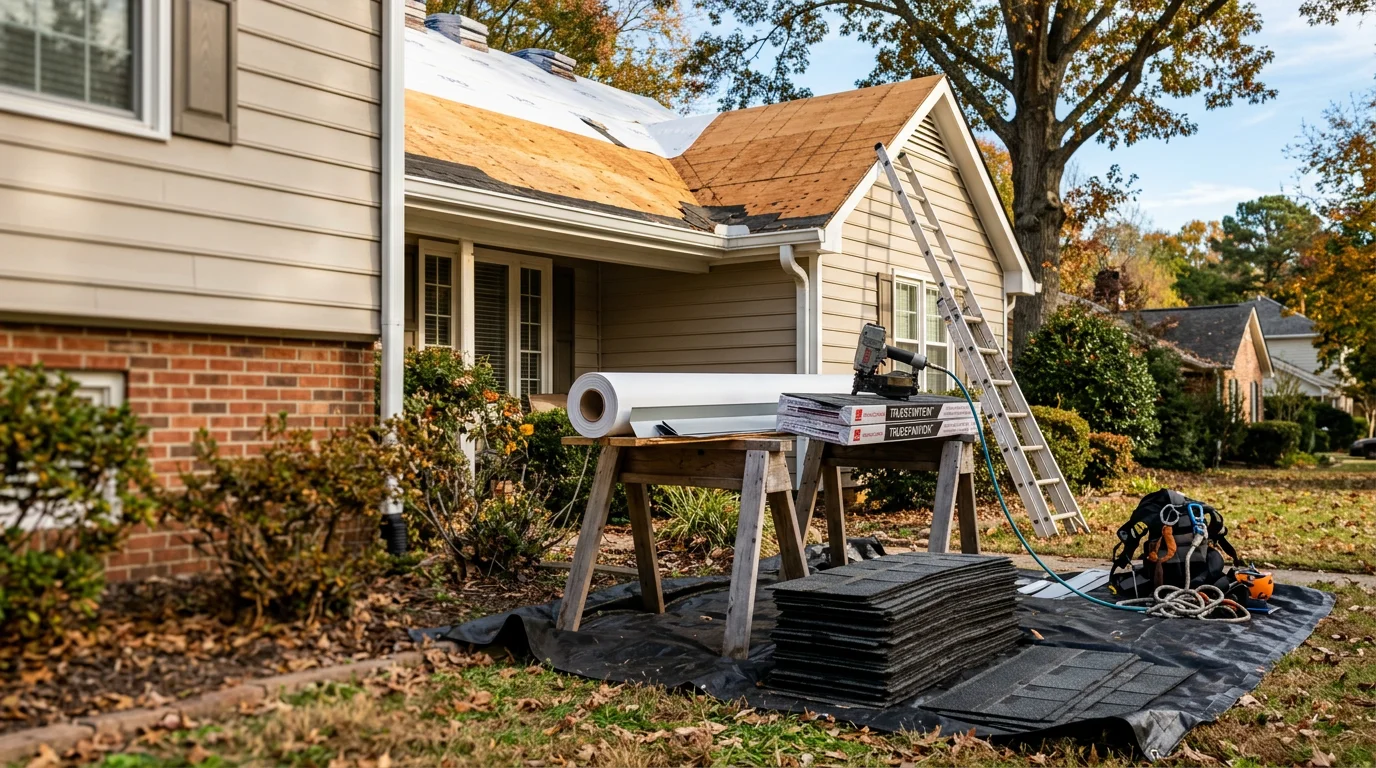 A completed residential roof replacement on a two-story home in Raleigh, NC, showing new architectural shingles installed across the full roof with clean ridge lines and integrated flashing at the chimney. The surrounding neighborhood reflects a typical Wake County residential street.
