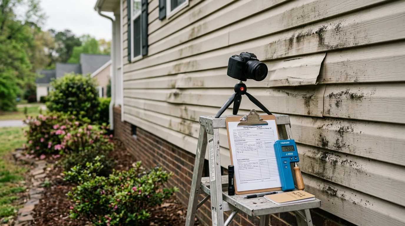 A siding contractor inspecting the exterior panels of a residential home in Raleigh, North Carolina, examining a section of fiber cement siding near a window corner for signs of moisture damage and panel separation.