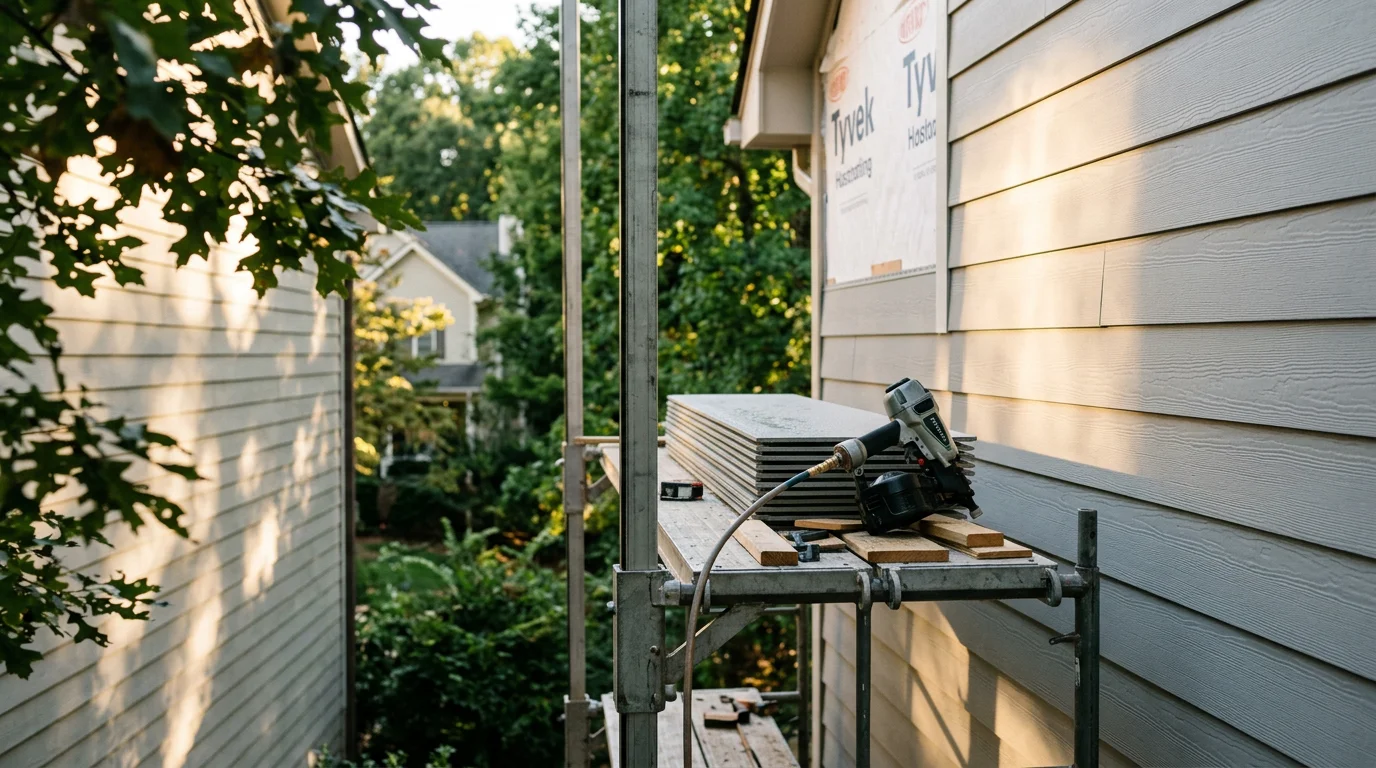 Newly installed siding on a two-story residential home in Raleigh, NC, showing clean panel alignment and finished trim around windows and corners. The exterior reflects a completed full-home siding installation in a Triangle-area neighborhood.
