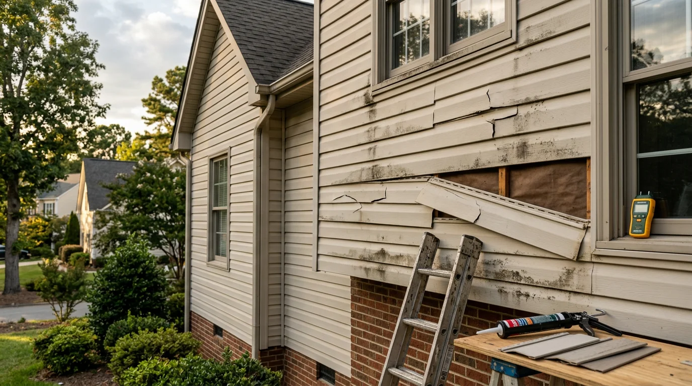 A JTC Homes Inc crew member repairing cracked vinyl siding panels on a residential home in Raleigh, NC, with replaced sections blending into the existing exterior.