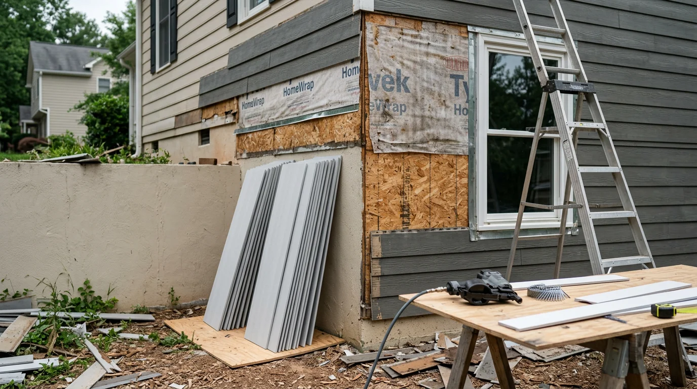 Freshly installed fiber cement siding on a two-story home in Raleigh, NC, with new trim and soffit work completed around the roofline. The old siding has been fully removed and replaced, showing clean panel lines and sealed window edges.