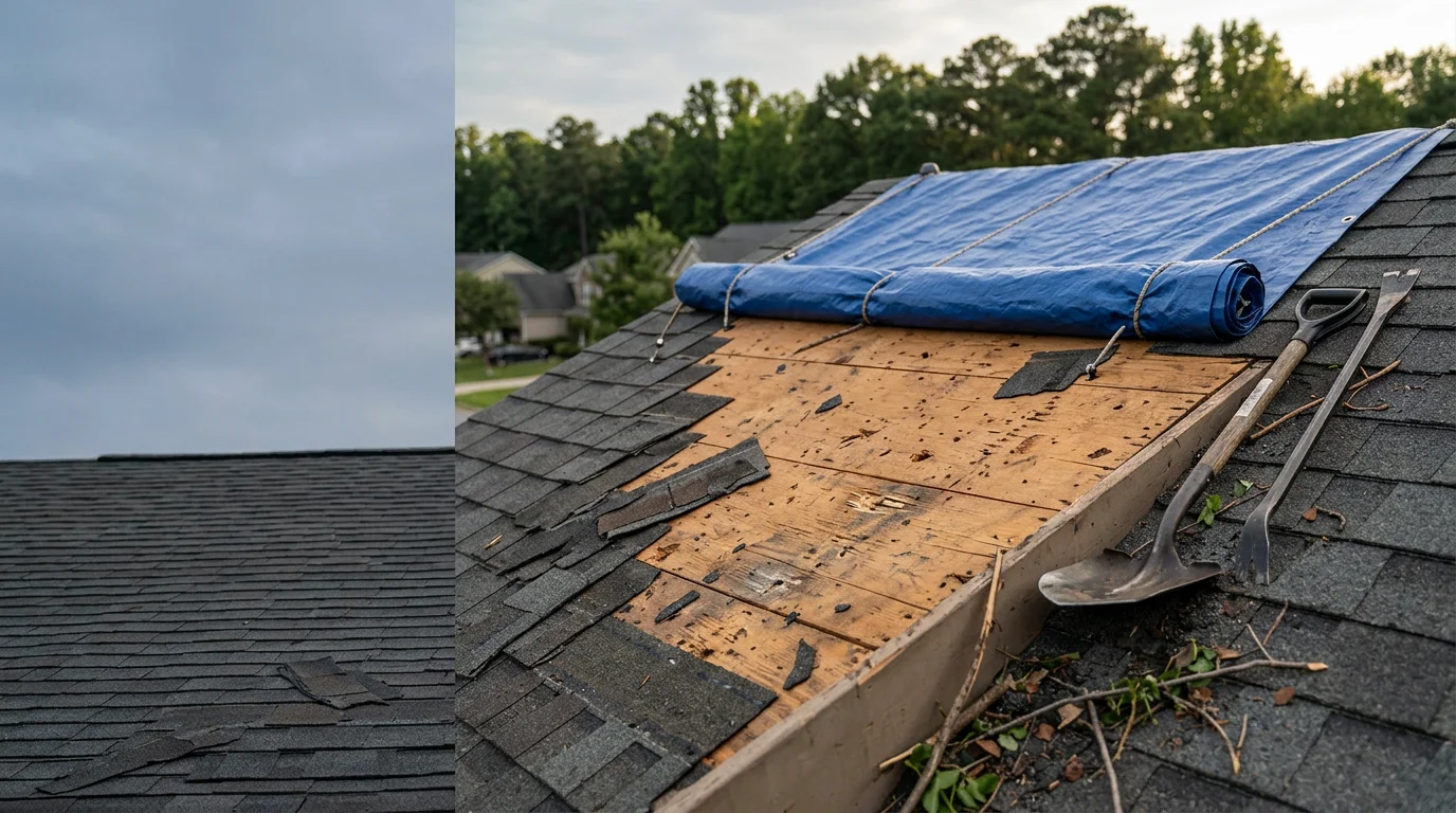 Storm-damaged residential roof in Raleigh, NC showing missing shingles and exposed decking after a severe thunderstorm. A roofing contractor from JTC Homes Inc inspects the damage and prepares temporary protective tarping before permanent repairs begin.