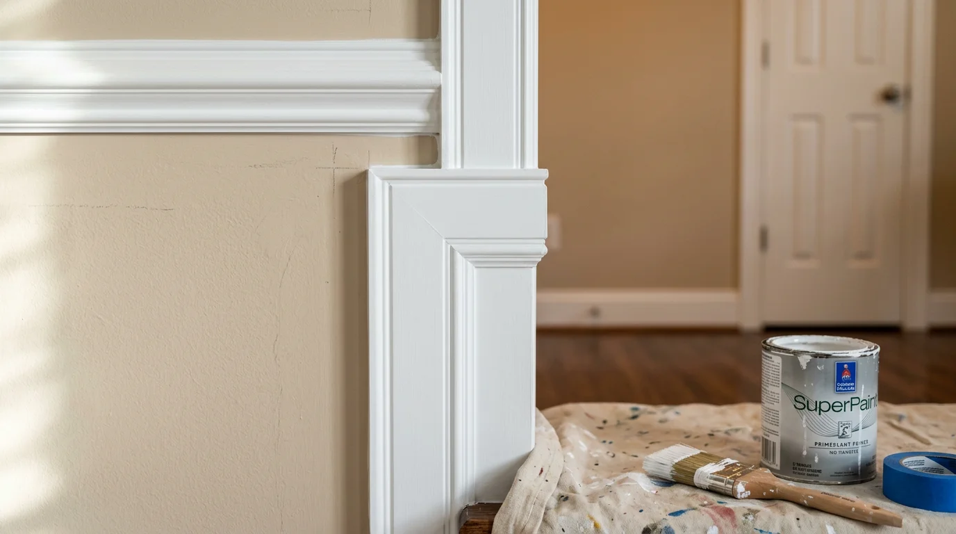 Freshly painted white trim around a window and door casing on a residential home in Raleigh, NC. Clean brush lines show the contrast between the trim and the surrounding wall surface.