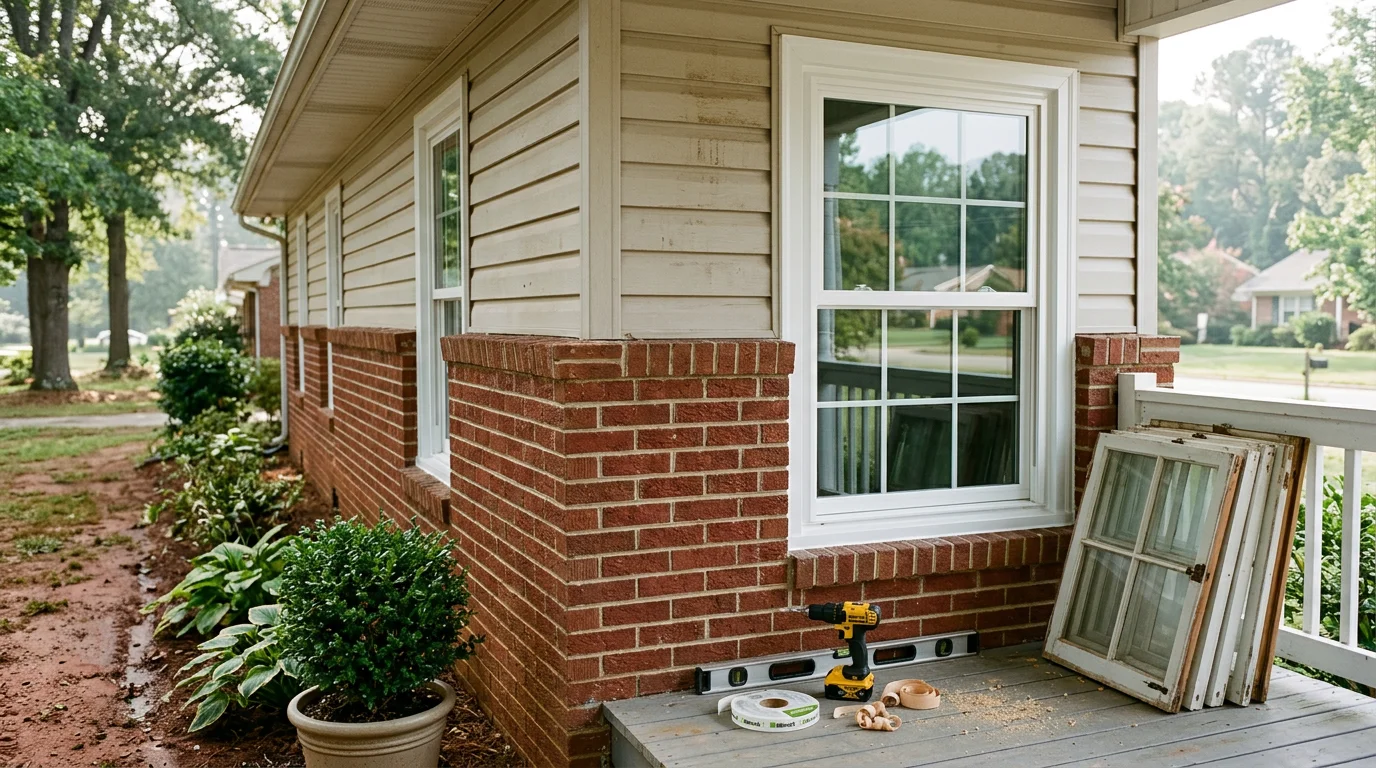 A contractor completing a window replacement on a single-family home in Raleigh, NC, with a freshly installed double-pane window visible from the exterior. The surrounding trim is clean and fully sealed against the home's siding.