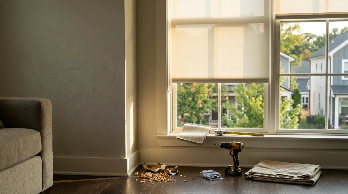 Professionally installed window treatments on large windows inside a Raleigh, NC home, showing clean light control and a finished interior appearance. The room reflects the open floor plan style common in Triangle-area new construction.